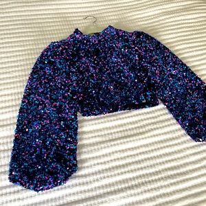 Zara Sequin High Neck Cropped Puff Sleeve Top
